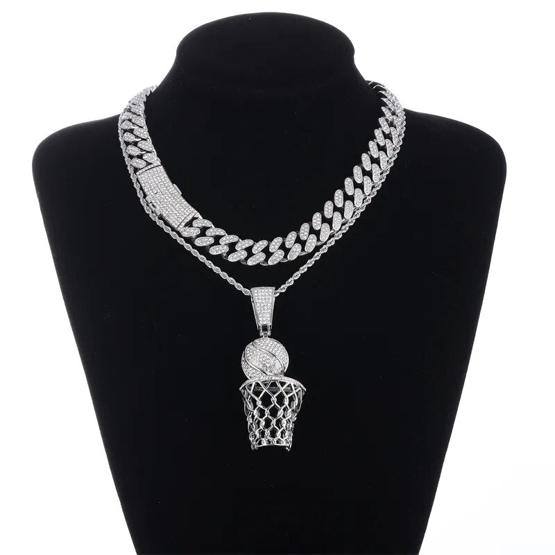 Corrente Cuban 13mm + Pingente Basquete com Corrente Rope (Ice Cravejados)