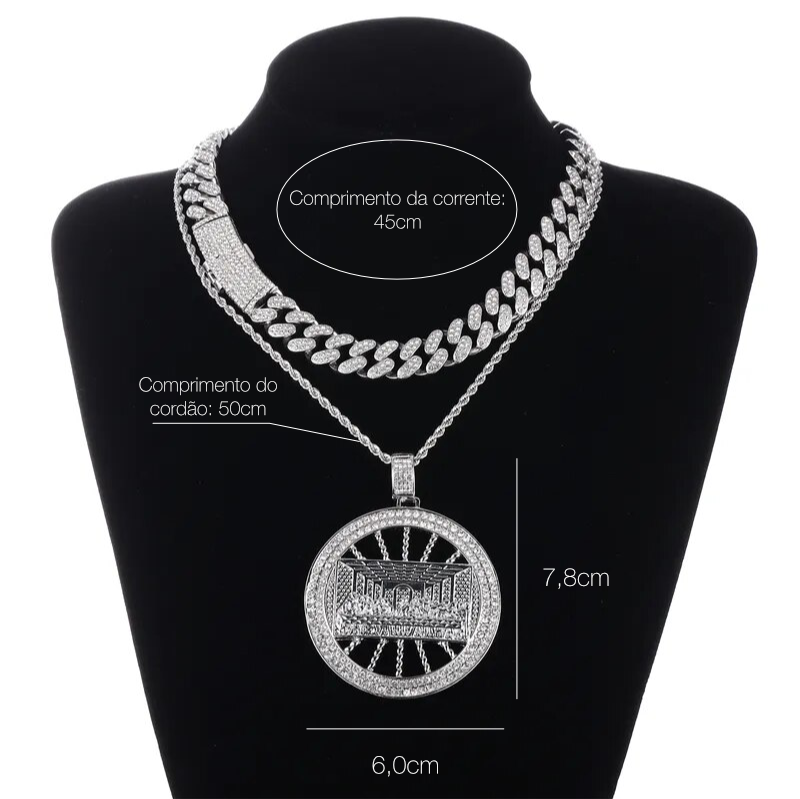 Corrente Cuban 13mm + Pingente A Última Ceia com Corrente Rope (Ice Cravejados)