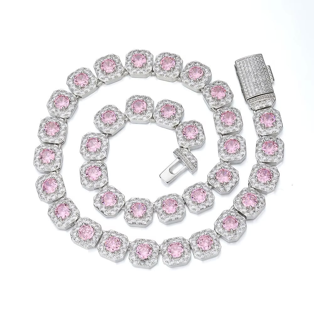 Corrente Riviera Prata com Rosa (Ice Cravejada) 12mm