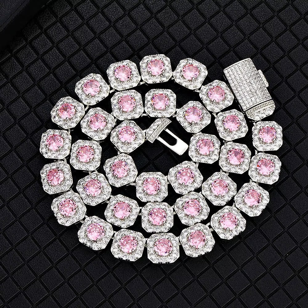 Corrente Riviera Prata com Rosa (Ice Cravejada) 12mm