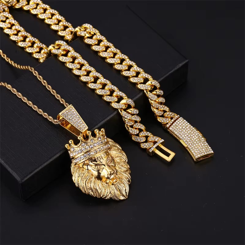 Corrente Cuban 13mm + Pingente King Lion com Corrente Rope (Ice Cravejados)