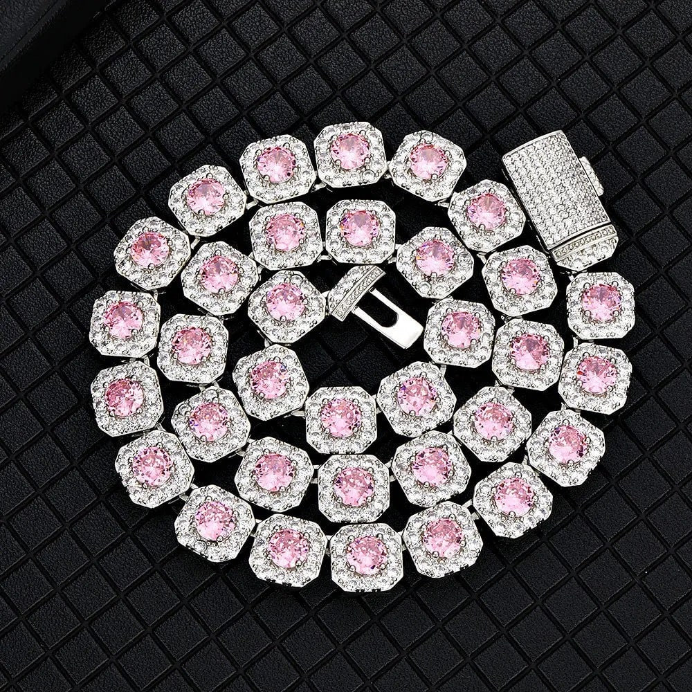 Corrente Riviera Prata com Rosa (Ice Cravejada) 12mm