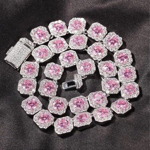 Corrente Riviera Prata com Rosa (Ice Cravejada) 12mm