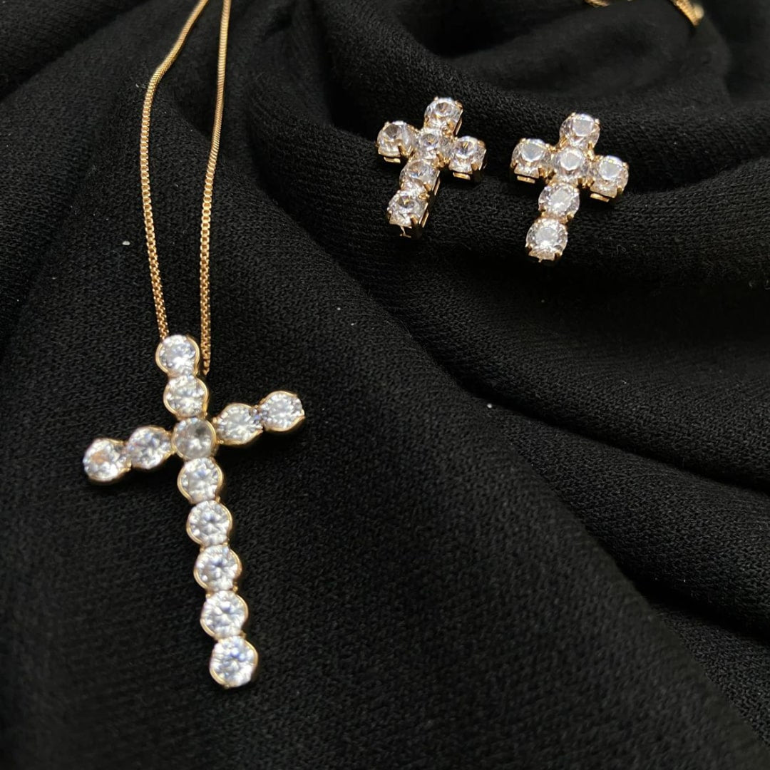 Kit Cruz - 3 Peças (Pingente + Corrente + Par de Brincos)