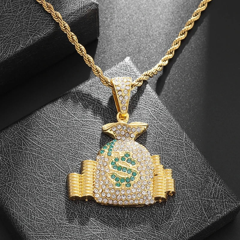 Pingente Money Bag Dourado Ice Cravejado (+ Presente: Corrente)