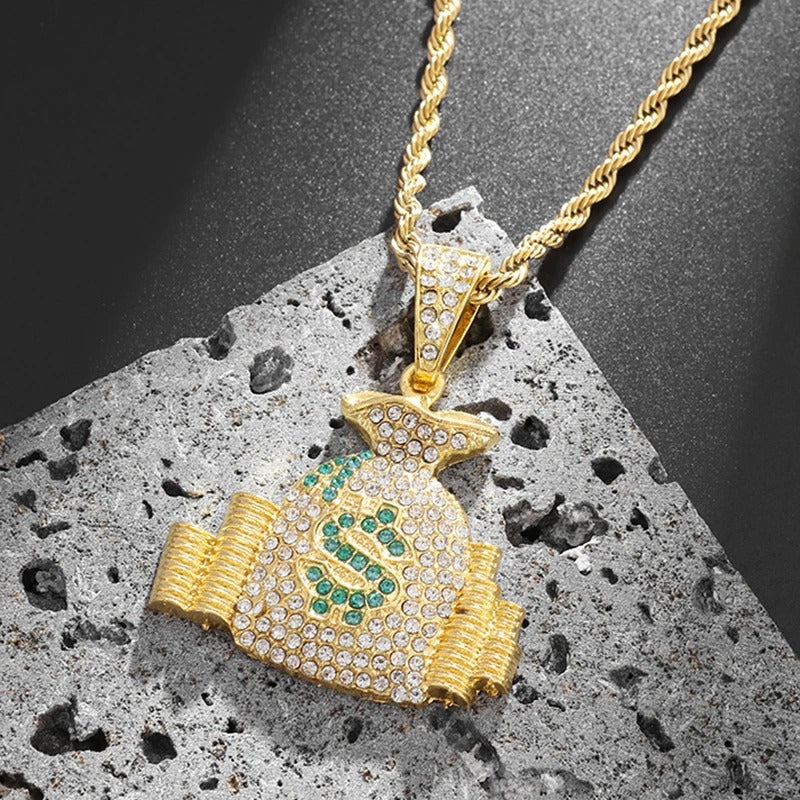 Pingente Money Bag Dourado Ice Cravejado (+ Presente: Corrente)