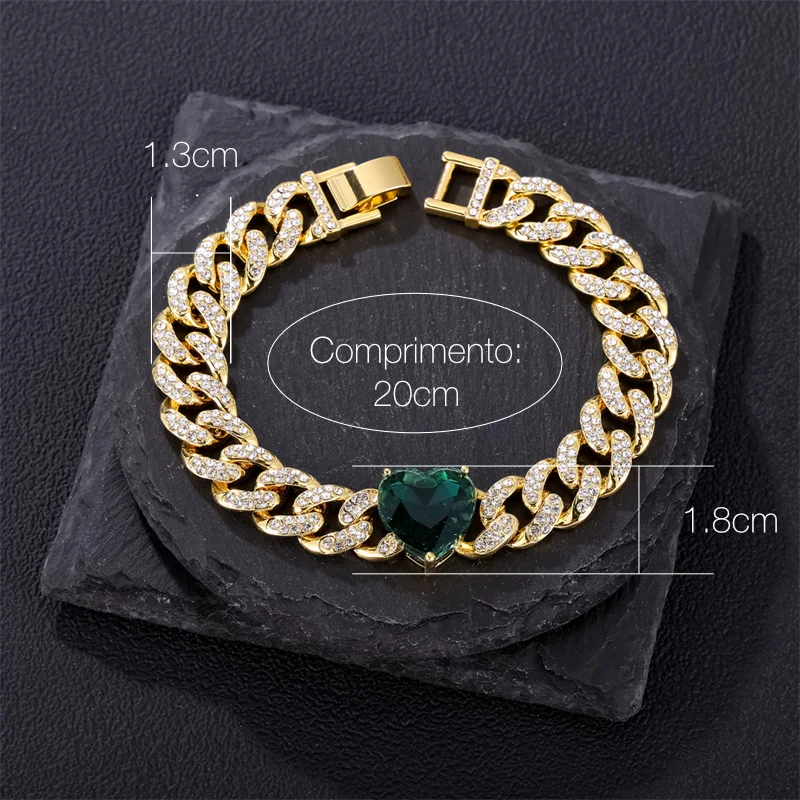 Pulseira Cuban Com Coração Verde (Ice Cravejada) 13mm