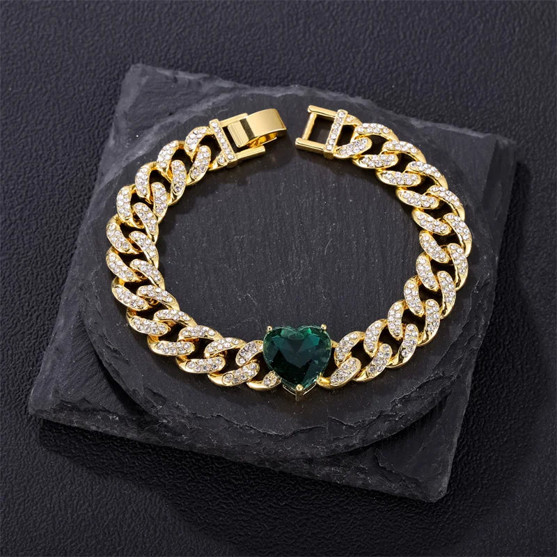 Pulseira Cuban Com Coração Verde (Ice Cravejada) 13mm