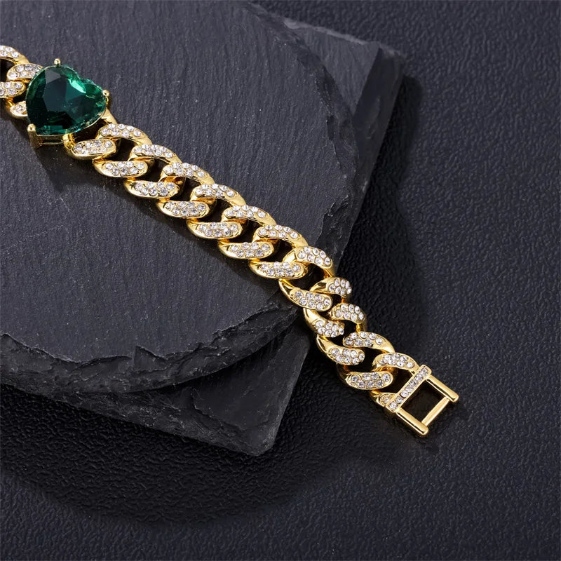 Pulseira Cuban Com Coração Verde (Ice Cravejada) 13mm