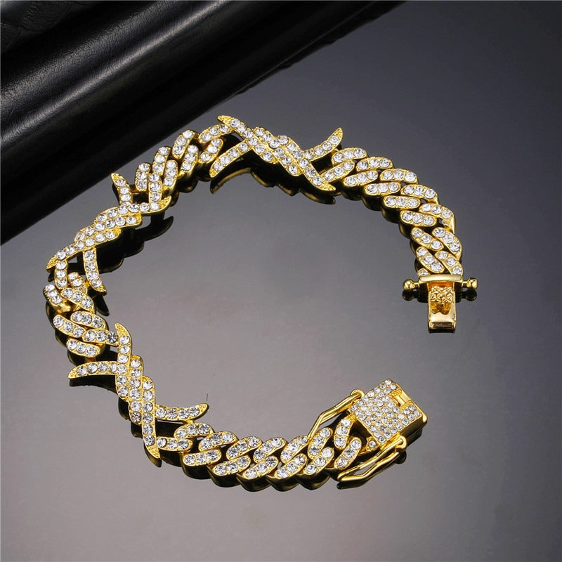 Pulseira Cuban Arame Farpado (Ice Cravejada) 9mm