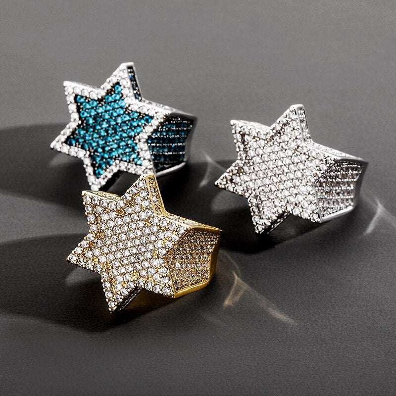 anel-dedeira-de-estrela-hexagonal-ice-cravejado-prata-dourado-verde