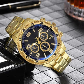 Relógio Masculino Analógico Modelo Premium a Prova d'água Dourado com Azul