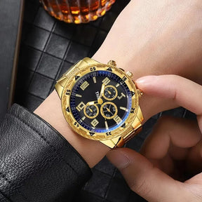 Relógio Masculino Analógico Modelo Premium a Prova d'água Dourado com Azul