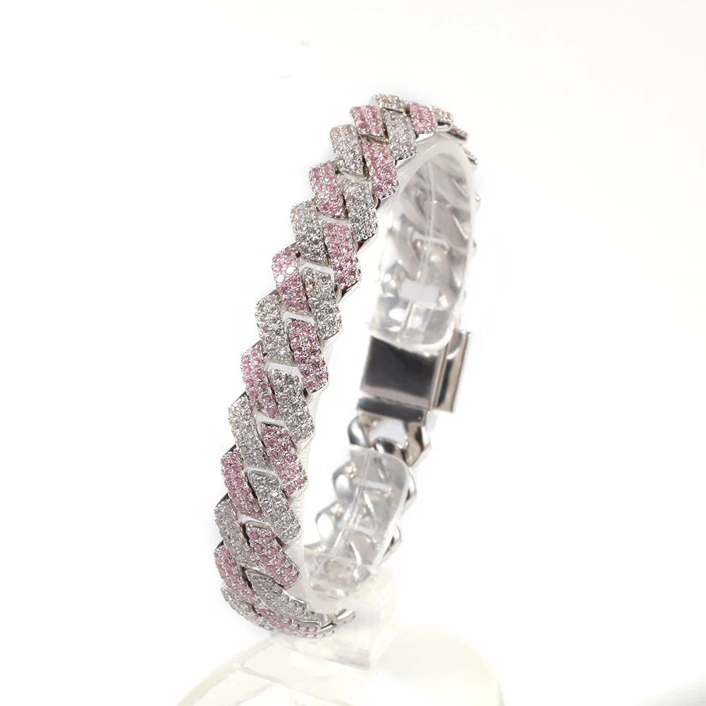 Pulseira Cuban Miami Prata com Rose [Ice Cravejada] 13mm