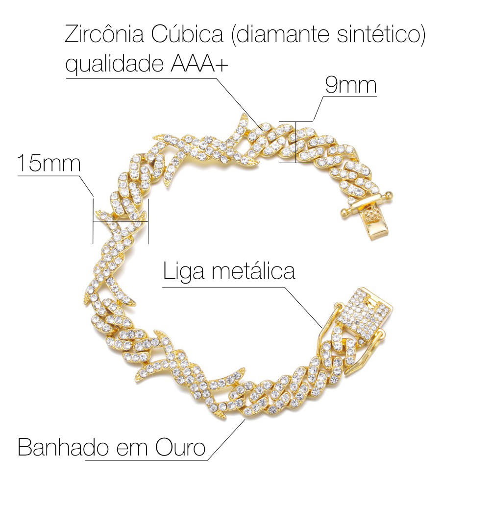 Pulseira Cuban Arame Farpado (Ice Cravejada) 9mm